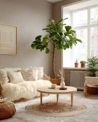 Stylish Minimalist Living Room with Soft Textiles and Indoor Plants in Urban Apartment