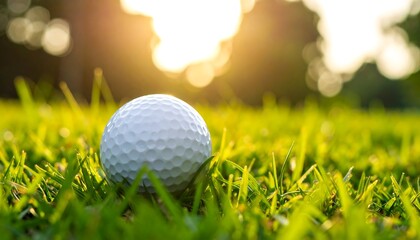Golf ball on grass at sunset