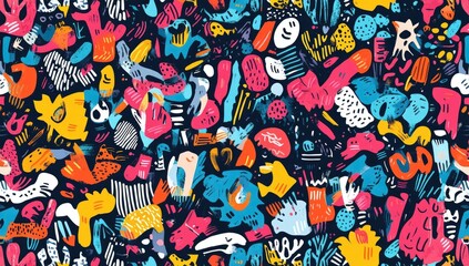 Vibrant abstract pattern.  Abstract shapes and forms in bold colors.  Intricate, playful design