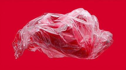 Fototapeta premium Wrinkled Transparent Plastic Wrap on red Background