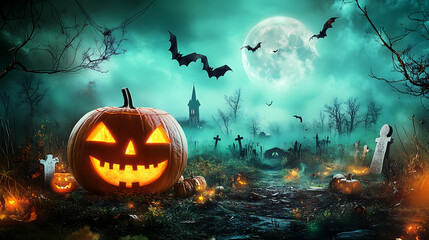 Naklejka premium Halloween is a spooky, eerie, and chilling time of year, when ghostly shadows creep and haunted houses come alive. The streets grow foggy and dim, lit only by the flickering glow of jack-o’-lanterns