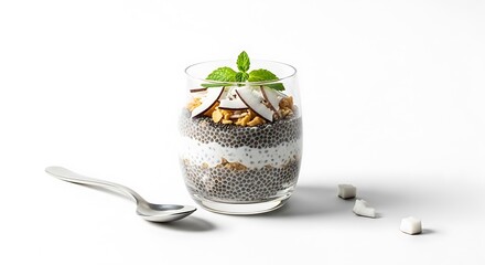 Healthy layered chia seed pudding with fruit and nuts