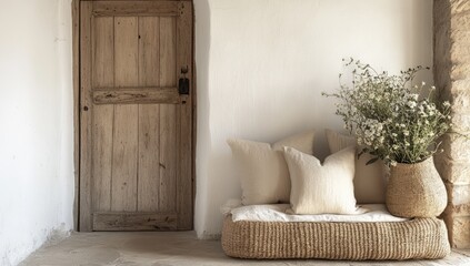 Rustic interior, woven bench, white pillows, and wildflowers