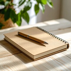 Notebook and pen on a wooden table bathed in sunlight, with a plant in the background, creating a peaceful and productive atmosphere for journaling or planning