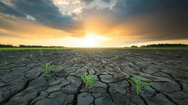 Drought Land Under Sunlight: A desolate landscape, parched and cracked by drought, is subtly revived by a few tenacious sprouts reaching for the light, with a dramatic sky.
