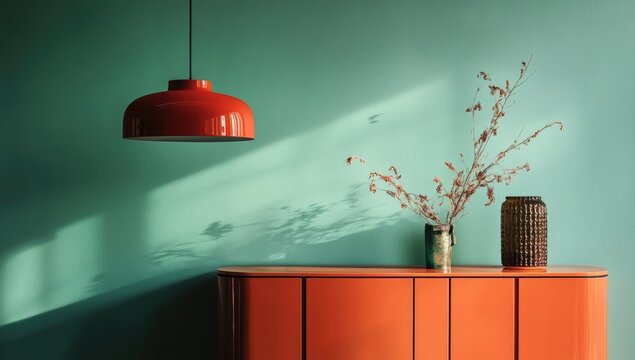Teal wall, orange cabinet, red pendant lamp, dried botanicals