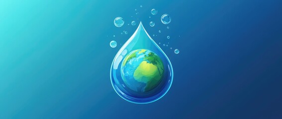 A water drop, shaped like a teardrop, contains a stylized Earth globe.  Bubbles float around the drop, against a gradient of light to dark teal blue