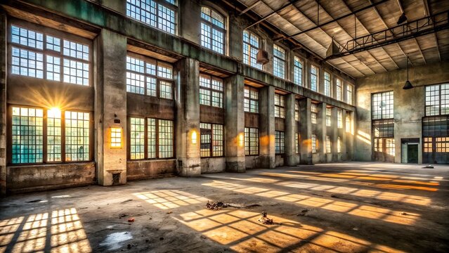 Sunlight streams through the large windows of an empty industrial warehouse