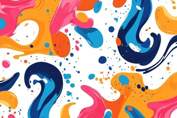 Naklejka premium Abstract fluid painting with vibrant colors. Dynamic swirls and splashes of pink, orange, yellow, blue, and dark blue on a white background. Small dots add texture