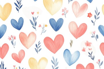 A repeating pattern of painted hearts and small flowers on a white background. 