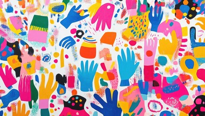 Fototapeta premium A vibrant, abstract pattern of colorful hands and shapes