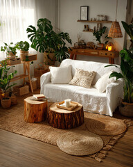 Cozy and Inviting Living Room with Natural Elements and Abundant Indoor Plants in a Bright Space