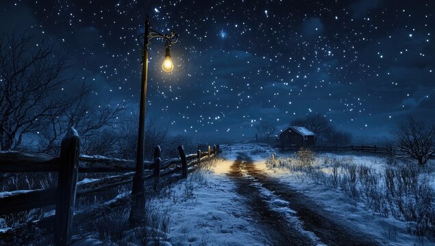 Snowy winter night scene with a lantern