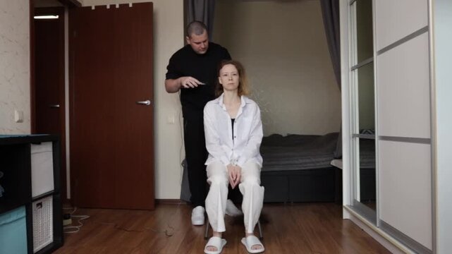 Woman Facing Chemotherapy Side Effects, Shaving Head Before Treatment