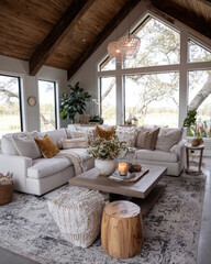 Cozy Living Room With Modern Furniture And Impressive Windows Overlooking A Scenic Landscape