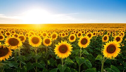 Fototapeta premium Vibrant Sunflower Field under Blue Sky Bathed in Golden Sunlight Radiating Optimism
