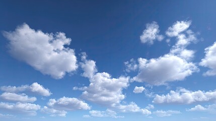 Naklejka premium Vast panorama of fluffy white clouds against a bright blue sky captured in high resolution showcasing natural beauty and tranquility