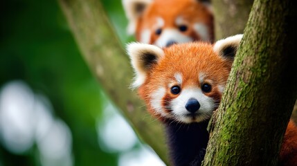 Adorable Red Pandas Peeking from Lush Green Tree