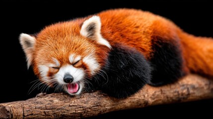 Fototapeta premium Red Panda Grooming on Dark Branch