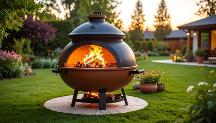 Outdoor fire pit in a garden at sunset