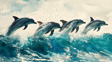 Fototapeta premium Playful pod of dolphins leaping through turquoise waves