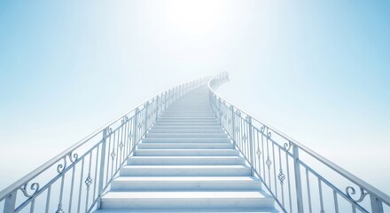 Fototapeta premium Ascending Stairway to Heaven: White Steps and Wrought Iron Railings in Ethereal Light