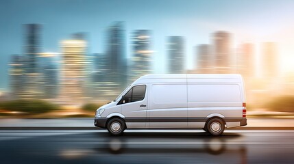 White delivery van speeds through a modern urban landscape on a bright sunny day with striking motion blur effect