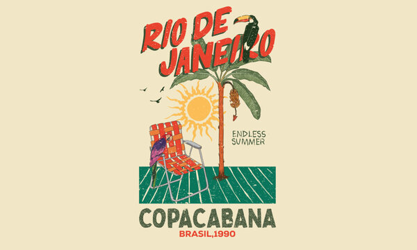 Come To Rio Relaxed T-Shirt. Rio resort artwork. Copacabana beach graphic print design. Rio de Janeiro watercolor painting. Summer good vibes vector graphic design for poster. Toucan paradise artwork.