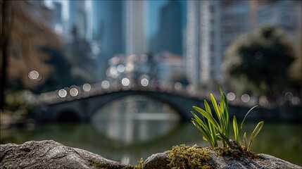 Grass sprouts at the edge of an ice-covered pond in a city park during early spring with sunlight reflections