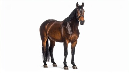 Glossy dark brown horse with black mane and tail, standing against a clean white background. Muscular build and poised stance highlight strength, elegance, and natural beauty.