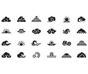 Collection of black flat design style weather and nature icons featuring clouds sun waves and abstract shapes on white background