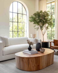 Bright and Inviting Living Room Featuring Modern Sofa and Natural Wood Coffee Table