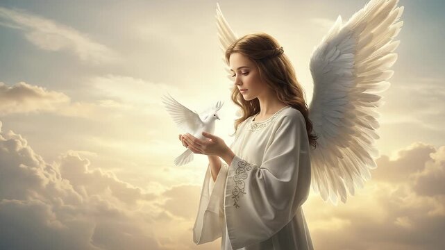 Serene Angel Holding a Dove Amidst Ethereal Clouds, Symbolizing Hope and Peace