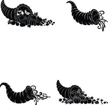 Thanksgiving Cornucopia Black Silhouette Vector Set, illustration, line art.