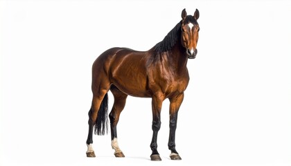 Fototapeta premium Glossy dark brown horse with black mane and tail, standing against a clean white background. Muscular build and poised stance highlight strength, elegance, and natural beauty.