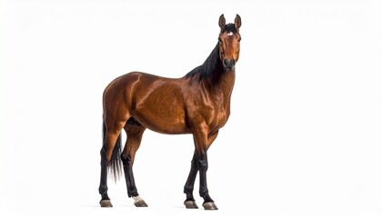 Obraz premium Glossy dark brown horse with black mane and tail, standing against a clean white background. Muscular build and poised stance highlight strength, elegance, and natural beauty.