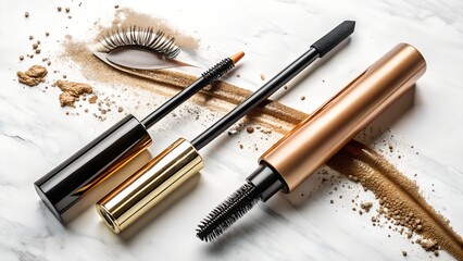 Mascara wands and an eyelash with scattered gold glitter and powder