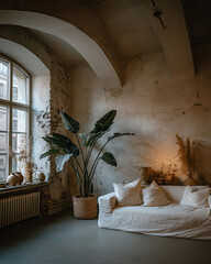Cozy Minimalist Living Room with Large Indoor Plant and Soft Textiles in Natural Light