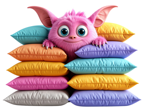  Pink Furry Monster Hiding Behind Stack of Pillows, Only Ears and Eyes Showing, 3D PNG