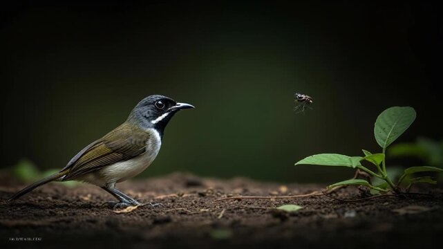  A small bird with a white collar stands on the ground, fixated on a flying insect, capturing a moment of intense anticipation in nature.