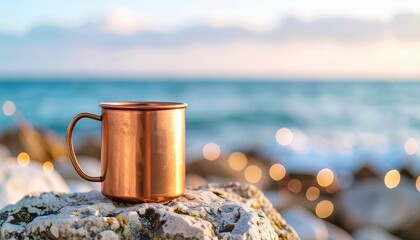Copper Moscow Mule mug resting on a rugged coastal rock, framed by soft ocean waves and a blurred sky backdrop. The metallic vessel contrasts dramatically with the organic texture and tranquil sea set