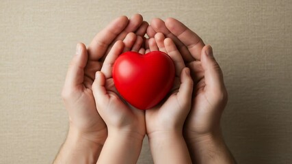 Gentle hands of a father and child cradling a red heart, symbolizing love and care