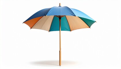 Open umbrella with segmented panels in vibrant green, blue, yellow, and red hues, standing upright against a clean white backdrop. The wooden handle adds an elegant, natural touch to the playful compo