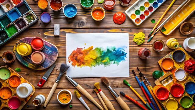 An overhead view of art supplies with a colorful watercolor painting on paper - Powered by Adobe