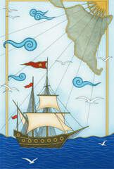 Vintage style galleon sailing near South America with decorative map elements, sun, clouds, and seagulls. It was drawn by hand and then corrected with artificial intelligence.