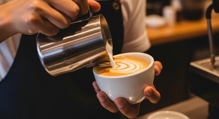 Barista pouring milk into coffee, creating latte art with a stainless steel pitcher