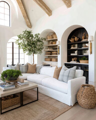 Cozy Modern Living Room with White Sofa and Natural Decor in Bright Open Space
