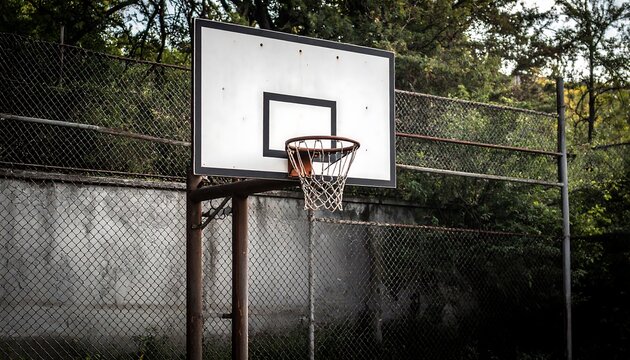 Weathered outdoor basketball hoop stands sentinel against aged concrete wall and chain link fence - Powered by Adobe