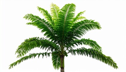 Obraz premium Tropical palm tree with vibrant green fronds arching outward from a sturdy trunk, isolated against a crisp white background. The composition highlights botanical elegance and island serenity, suitable