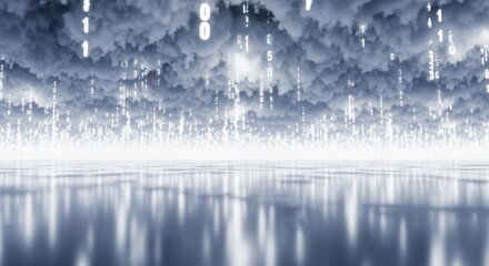 Binary Code Rain Over Reflective Surface with Cloudscape Background